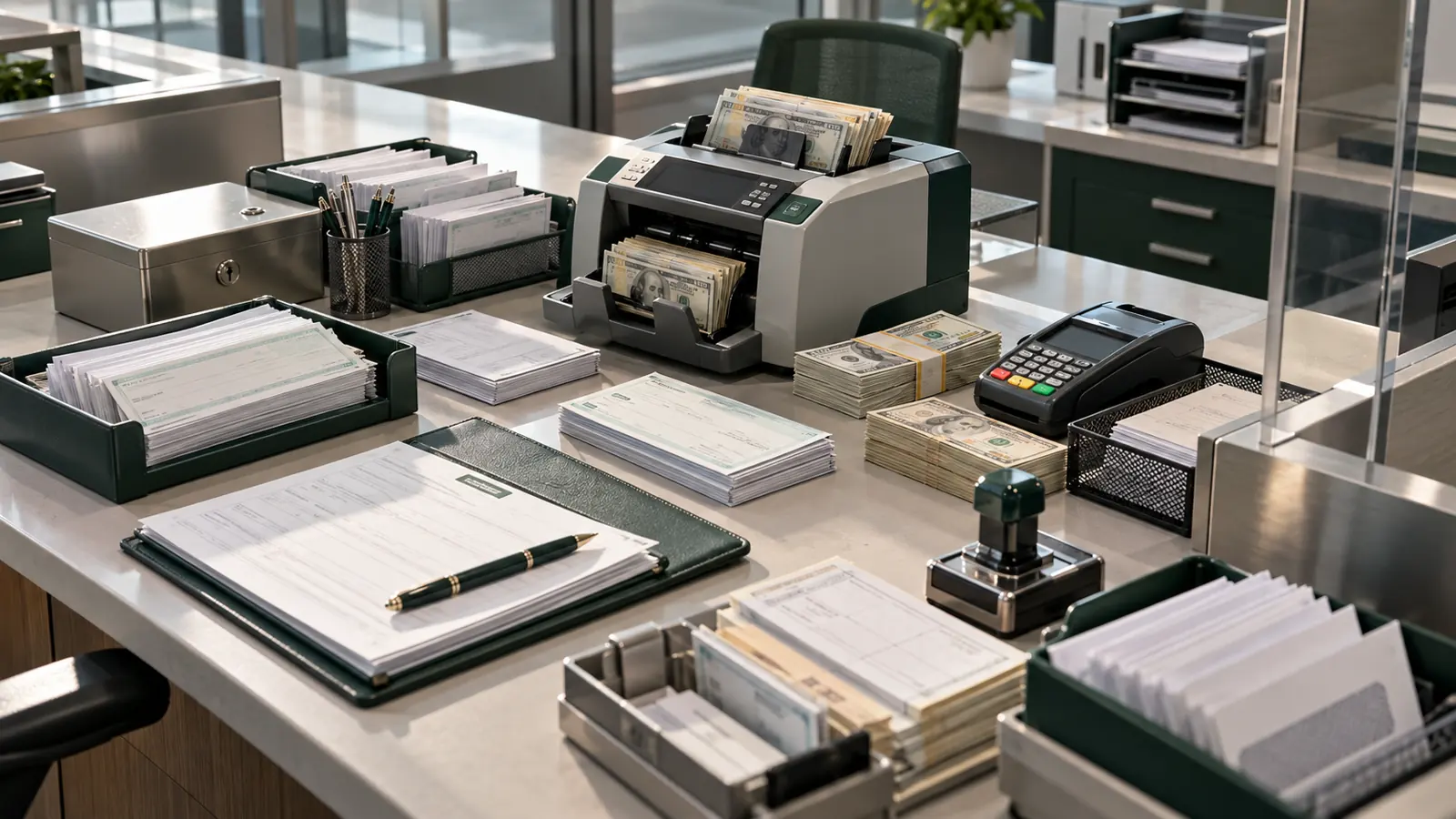 Bank back-office desk with document scanners and stacked ledgers